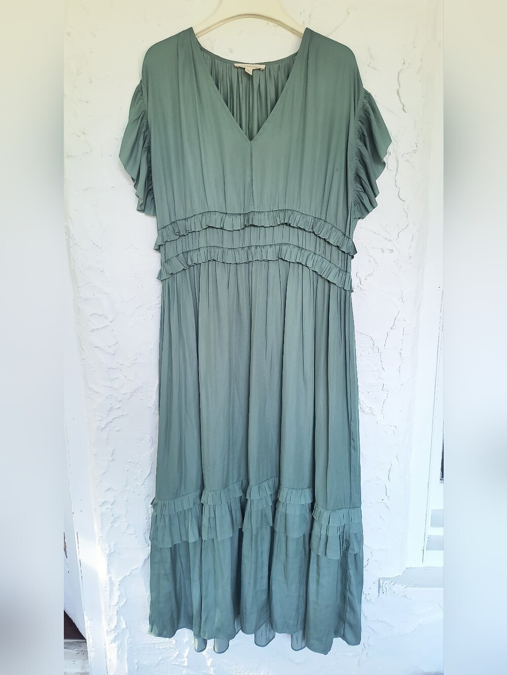 Grade & Gather Ruffled Satin V-Neck Seafoam Green Bohemian Dress || XL